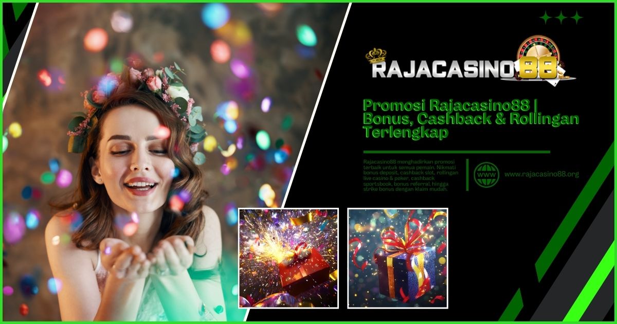 Promosi Rajacasino88 dengan visual hadiah dan efek perayaan.